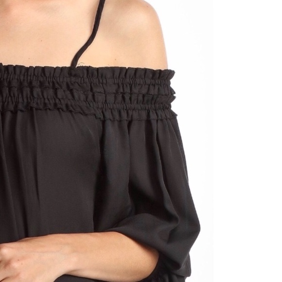 Off Shoulder Ruffled Peasant Blouse Spaghetti Strap Black - Picture 4 of 4